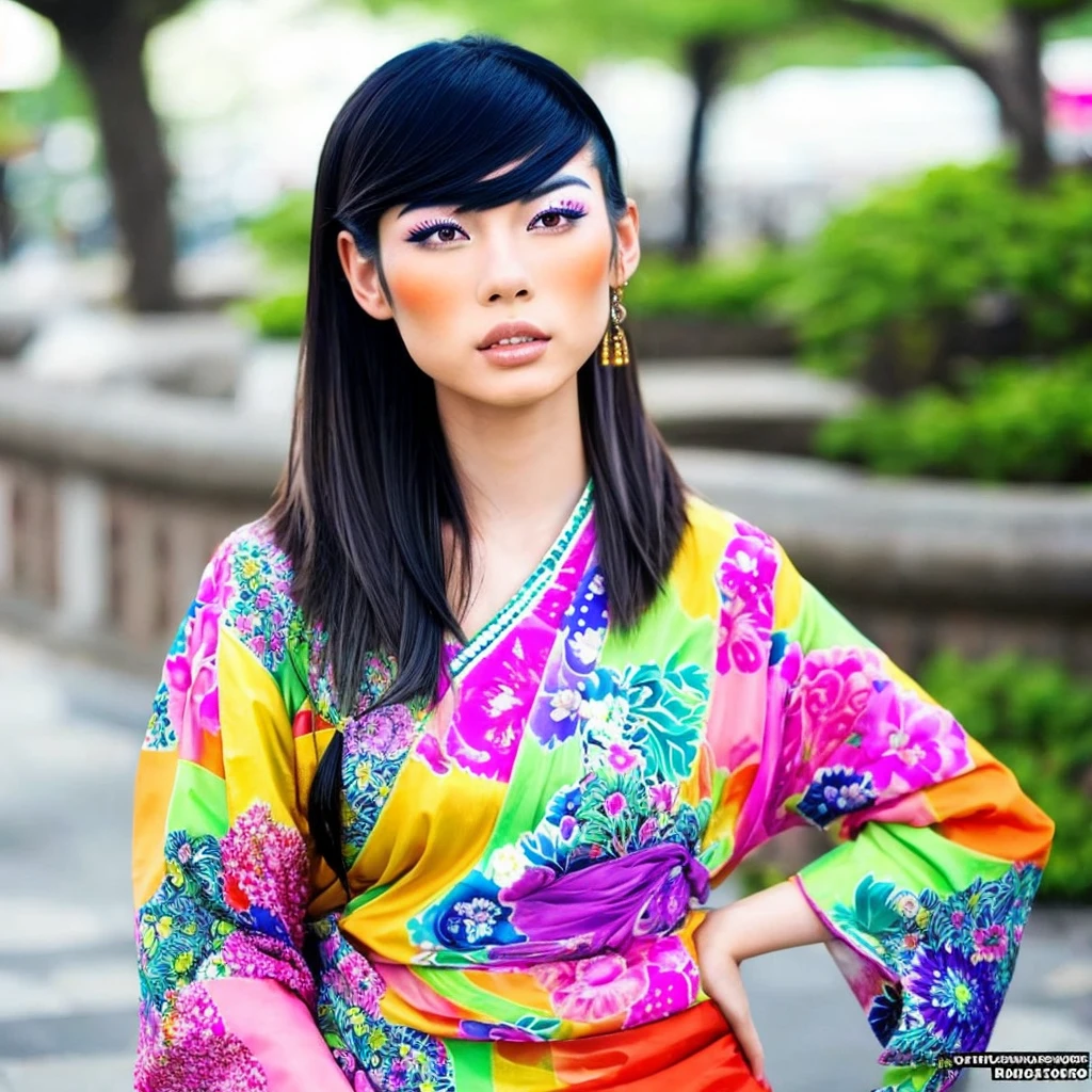 A beautiful, realistic Asian girl wearing a colorful