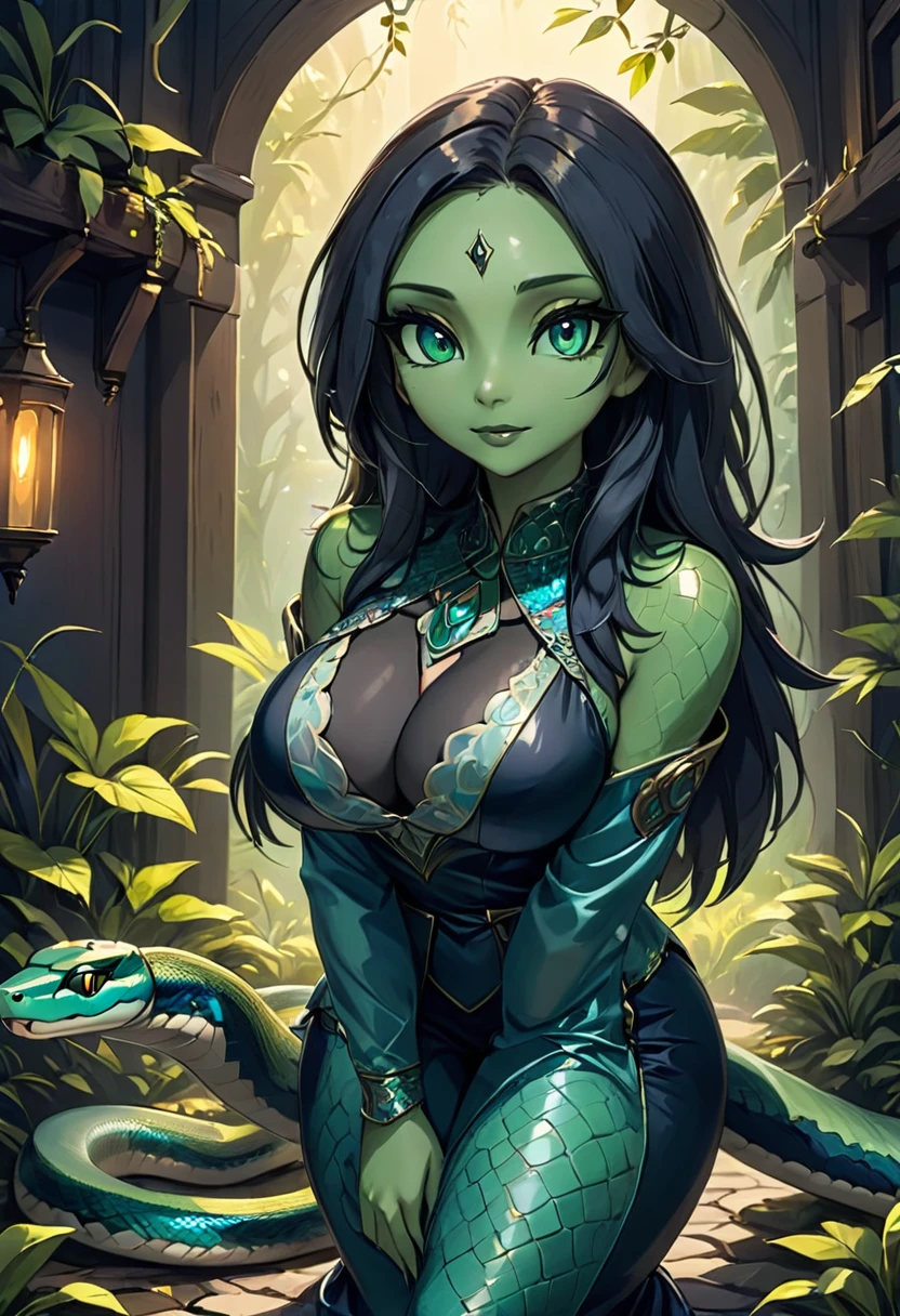 Create an illustration, Hand Painted, Face of anthropomorphic snake woman,Full color images. Artwork should be presented in the following styles "Breath of the Wild," With warm lighting and shadows. Graphite Shader Included, Template Tags, And airbrush acrylic paint effect. Images should be of the highest quality, A masterpiece of exquisite detail. Snake woman should have a female, Humanoid, Furry appearance,emerald green skin. She should have full lips, A bright smile, Bright, Expressive eyes, Exudes beauty, cute, 和cute. Ensure high-resolution images with sharp details, With detailed and vivid background. Add mysterious lights in the background, Create a romantic and charming atmosphere.