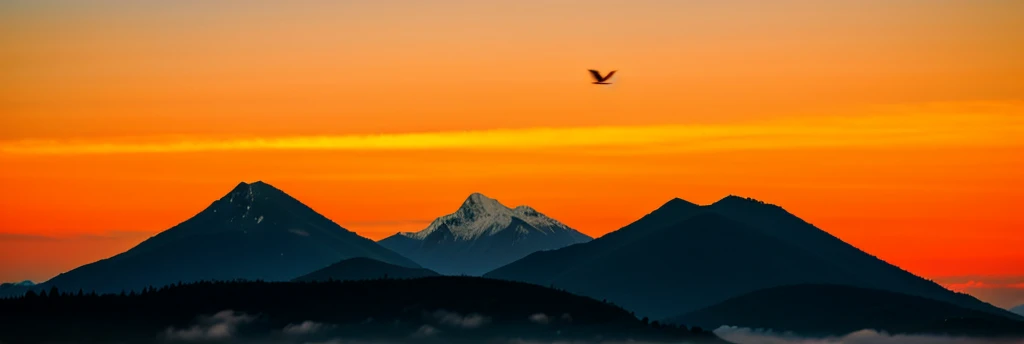 Orange afternoon sky, mountain, birds flying