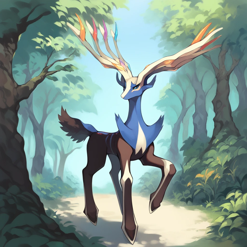 score_9, score_8_up, score_7_up, solo, Xerneas, (close-up), forest, nature, deer, stunning scenery, full body, looking at the viewer