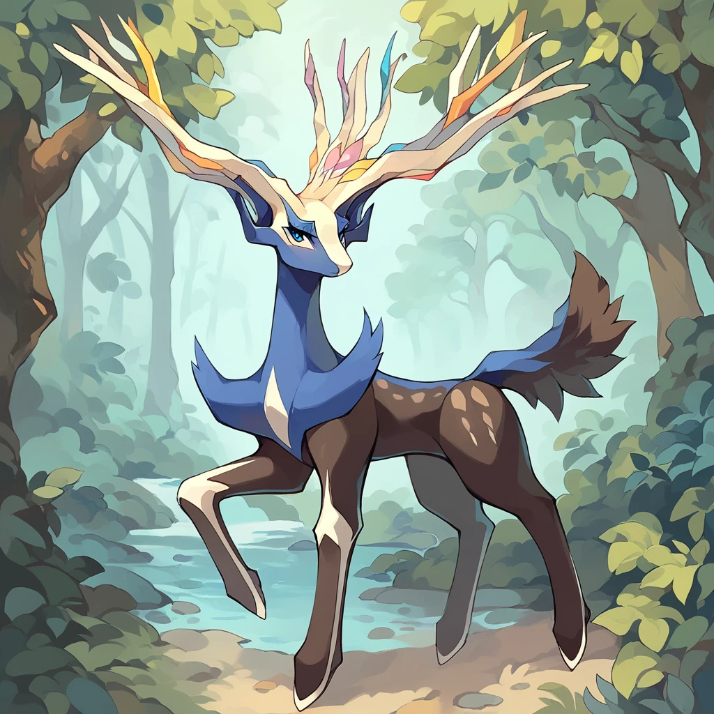 score_9, score_8_up, score_7_up, solo, Xerneas, (close-up), forest, nature, deer, stunning scenery, full body, looking at the viewer