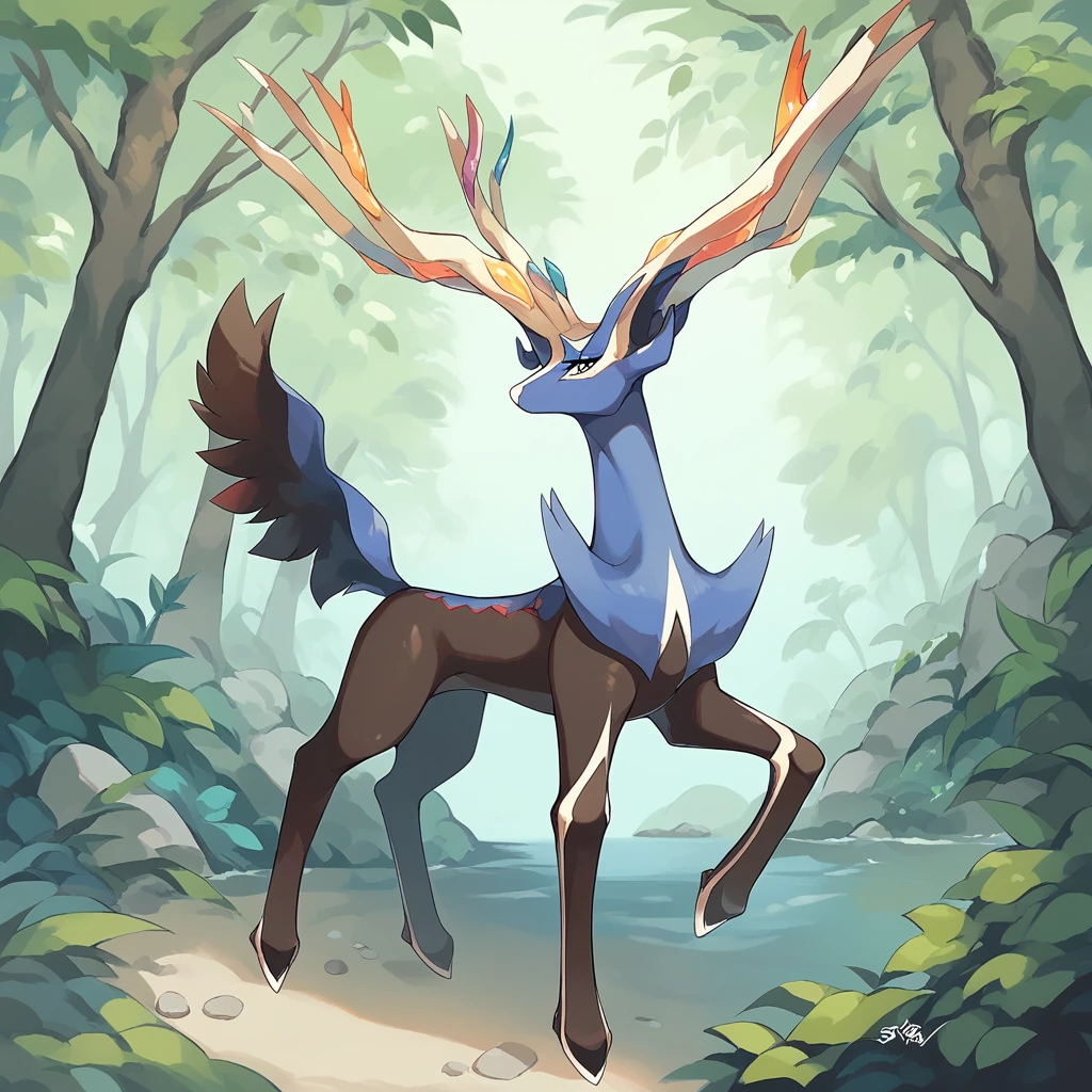 score_9, score_8_up, score_7_up, solo, Xerneas, (close-up), forest, nature, deer, stunning scenery, full body, looking at the viewer