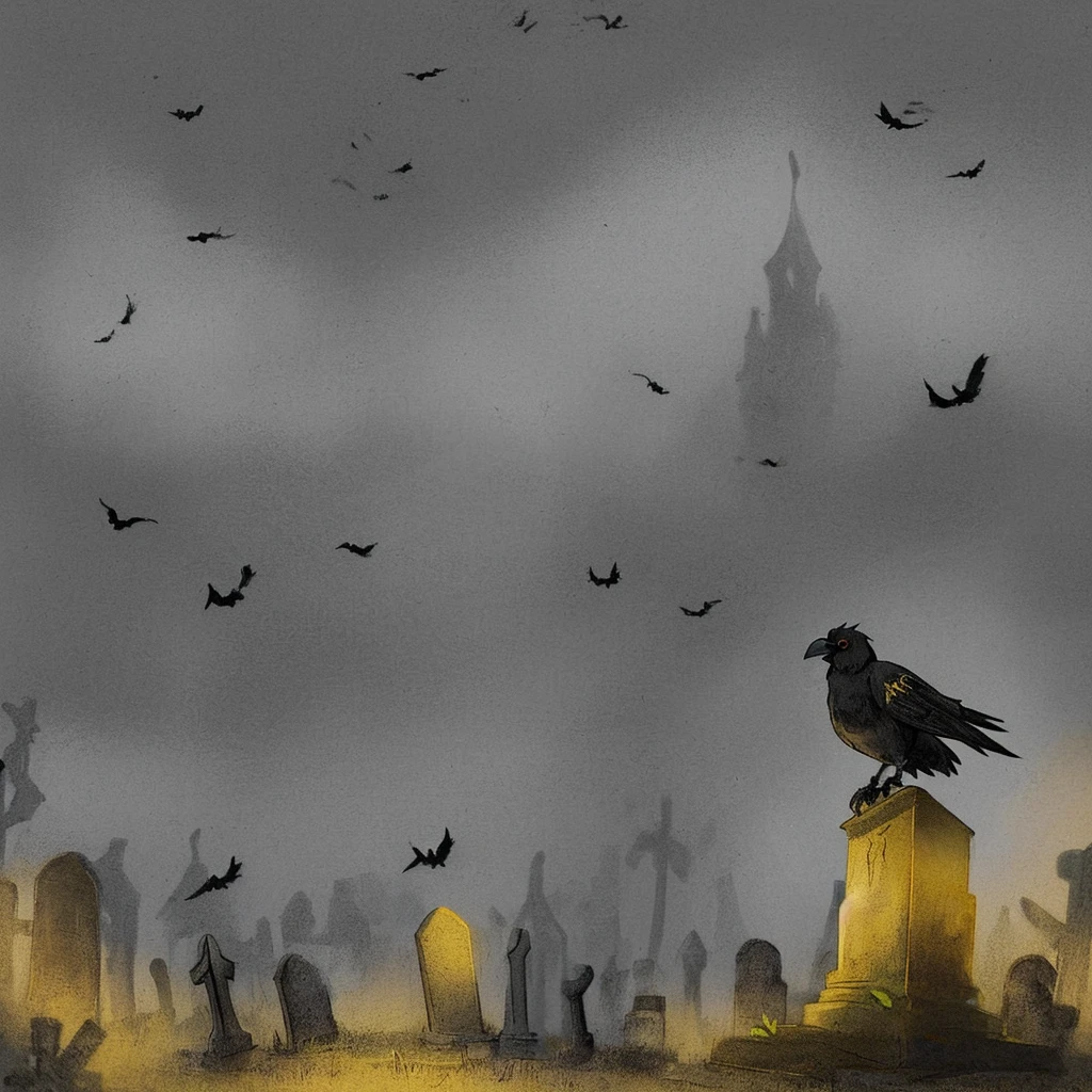 A black and gold cartoon crow, a spooky cemetery in the background and a light fog.