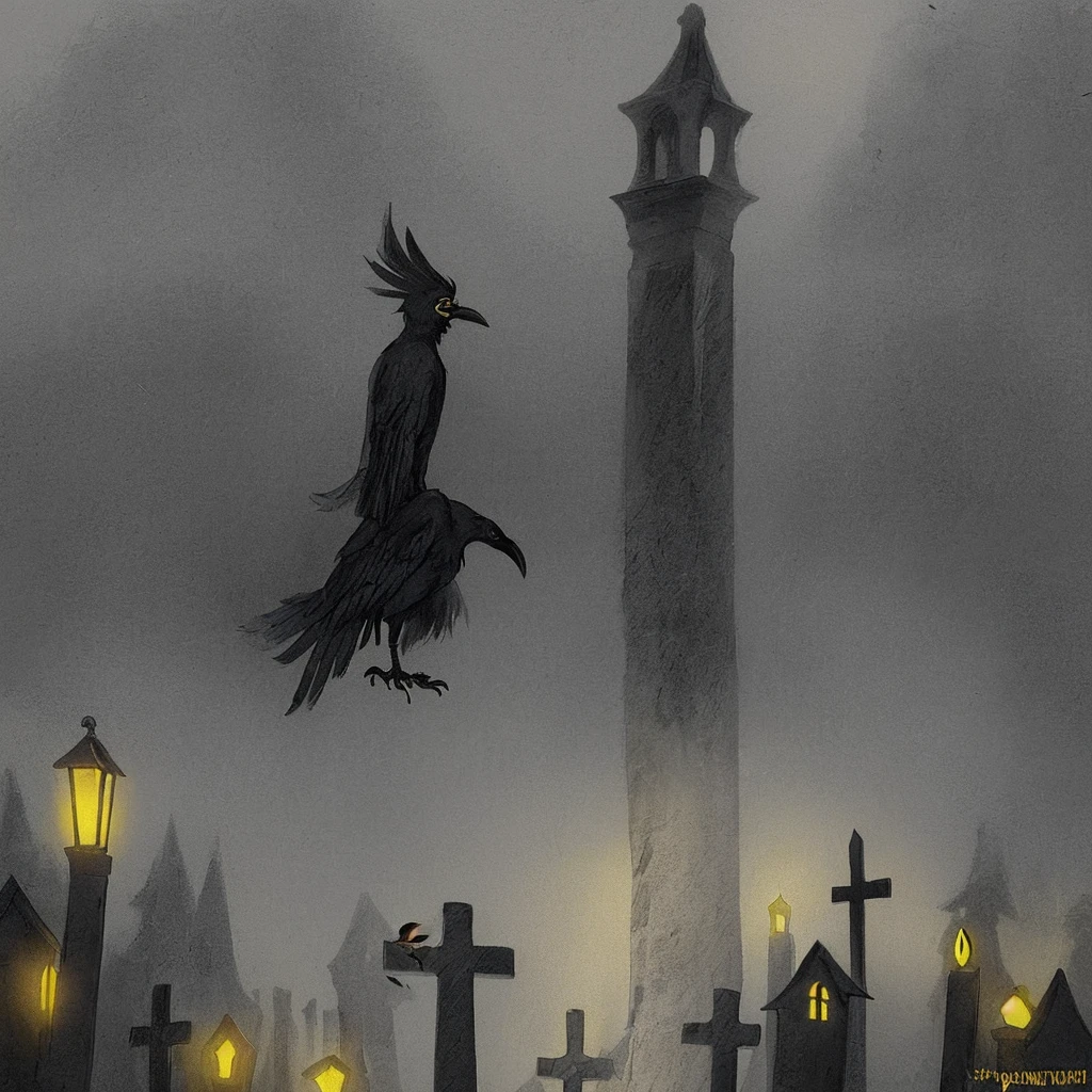 A black and gold cartoon crow, a spooky cemetery in the background and a light fog.