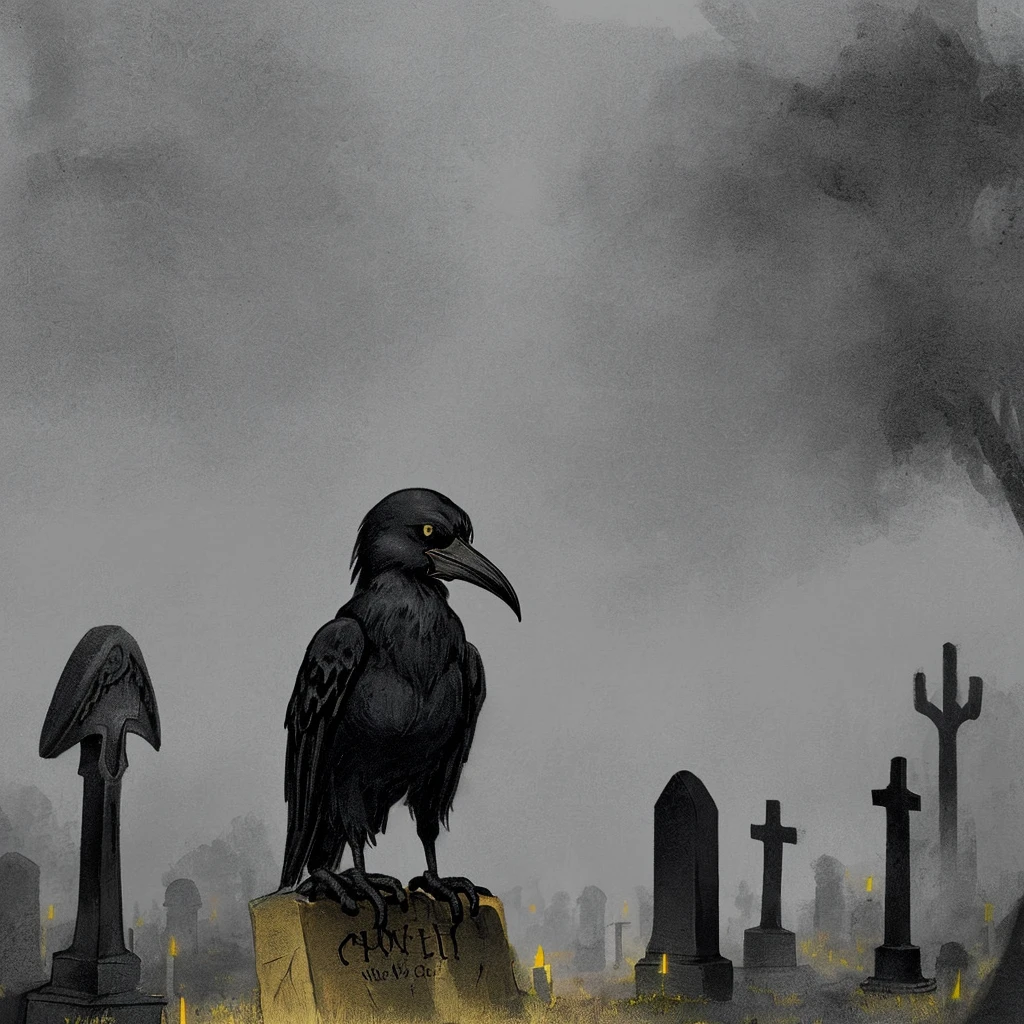 A black and gold cartoon crow, a spooky cemetery in the background and a light fog.