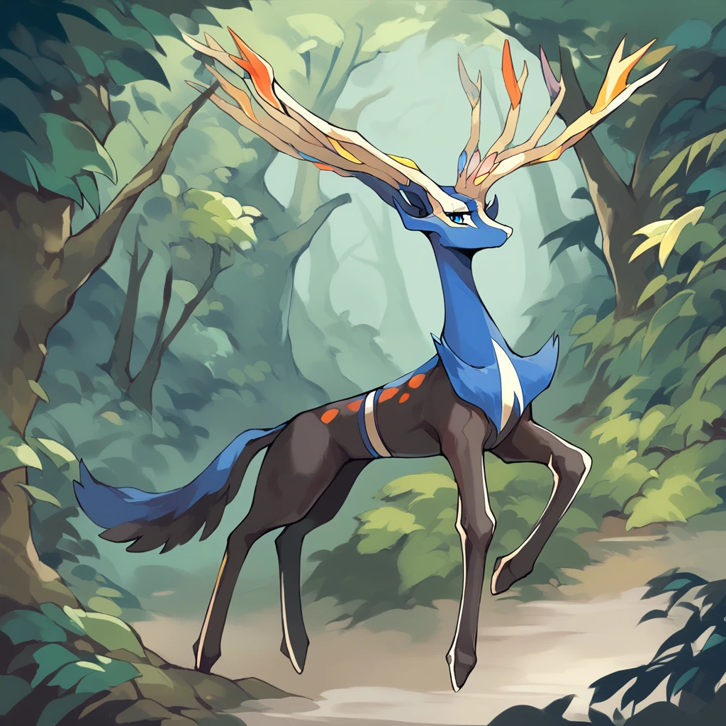 score_9, score_8_up, score_7_up, solo, Xerneas, (close-up), forest, nature, deer, stunning scenery, full body, looking at the viewer