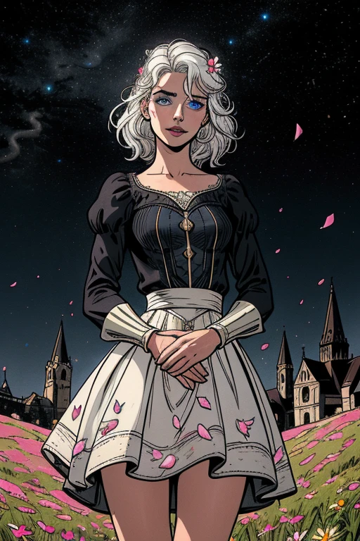 work of art, best qualityer,, 1 girl, (colorfully),(beautiful finely detailed eyes and detailed face),cinematic Lumiereing,shot not bust,Extremely detailed CG 8k unity wallpaper,White hair,standing alone,ssmile,intricate skirt,((flying petal)),(Flowery meadow), sky, Clouded_sky, building, moonlighLumiere, moonligh, natta, (dark theme:1.3), Lumiere, fancy,