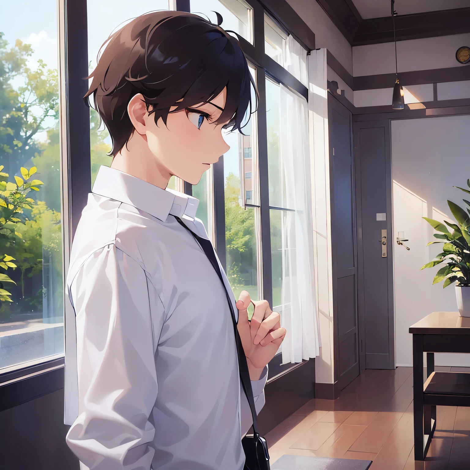 upper body,(looking away:1.5),Side shot shiny skin,masterpiece、Highest quality、(25-year-old male:1.5) and (Brown short hair) and (Green Eyes),serious、(whiteTshirt:1.5),The background is the living room,Are standing、open mouth,(alone:1.5)、(alone:1.5)、bowing