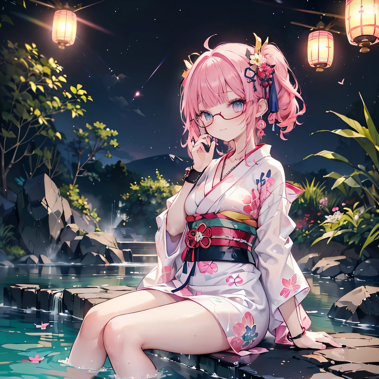 high angle,from above,cleavage,(wearing elegant pink frame glasses),(beautiful pink and green butterflies and dragonflies all over the place),colorful flowers,fantasy beams and lights,
((masterpiece:1.4, best quality)), ((masterpiece, best quality)),((beautiful twin tail black and pink hair,blunt bangs,beautiful cobalt blue eyes,little cute girl)),((sexy colorful japanese yukata mini dress)),full body, bathing in the water,(beautiful outside open spa),(water splash,lovely laugh), (Lace chalker, wristband, diamond necklace,earrings),cinematic lighting and pause,beautiful natural mysterious park,night sky,full moon,(beautiful pink and red butterflies and dragonflies all over the place),