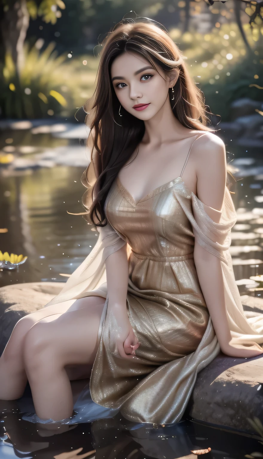 Arav woman in dress sitting on rock,Looking at the pond, Vague beauty, dreamy and Vague, Wearing a tulle gold dress, Vague fairytale, Vague and dreamy, Vague!!!!!!!, Beautiful flowing fabrics, very Vague, Flowing robe, Dreamy long exquisite dress, this is beautiful, Vague!!!, Vague details, floating dress