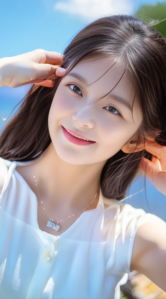 Selfie pose,hentail realism,Beautiful cute girl of , tmasterpiece, Best quality at best,Crystal necklace, A delicate and beautiful girl,He has big eyes of God,Long eyelashes,beautiful pupil,The eyes are sweet and there are lying silkworms,A sweet smile,Hydrated red lips,lipsticks,Blushlush,Fair face,(face fill light),afloat,The endless sea,small boats,eye glass,Lunette de soleil,Sexy girl nipple,S-shaped body,smooth, Wavy hair,With a figure,(Pink crewneck dress),short skirt,are standing,dynamic angle,with blue sky and white clouds,Deleite para la vista,Face value,(Do not show your hands)