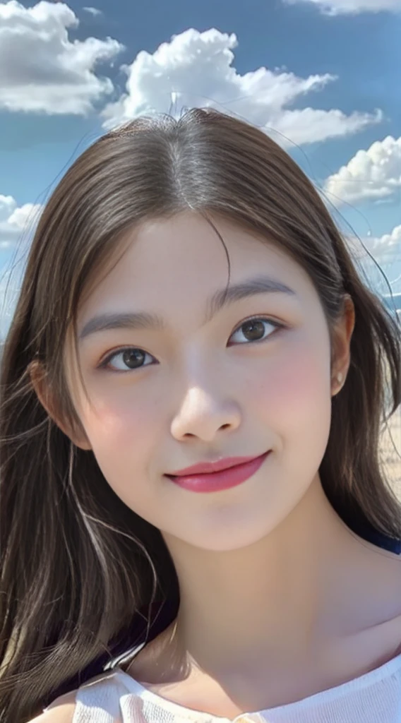 Selfie pose,hentail realism,Beautiful cute girl of 15 years old, tmasterpiece, Best quality at best,Crystal necklace, A delicate and beautiful girl,He has big eyes of God,Long eyelashes,beautiful pupil,The eyes are sweet and there are lying silkworms,A sweet smile,Hydrated red lips,lipsticks,Blushlush,Fair face,(face fill light),afloat,The endless sea,small boats,eye glass,Lunette de soleil,Sexy girl nipple,S-shaped body,smooth, Wavy hair,With a figure,(Pink crewneck dress),short skirt,are standing,dynamic angle,with blue sky and white clouds,Deleite para la vista,Face value,(Do not show your hands)
