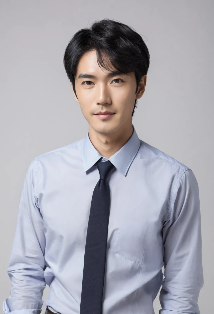 Japanese male Average face Short black hair Office casual attire