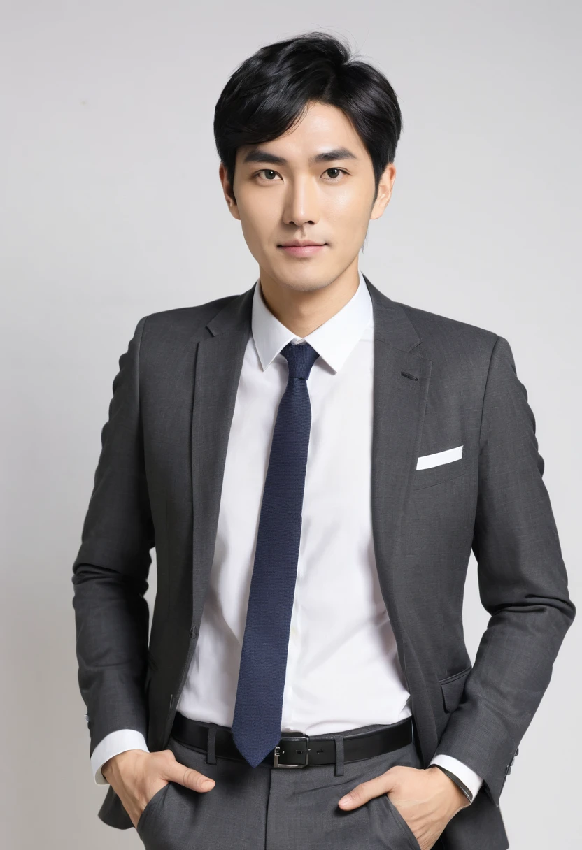 Japanese male Average face Short black hair Office casual attire