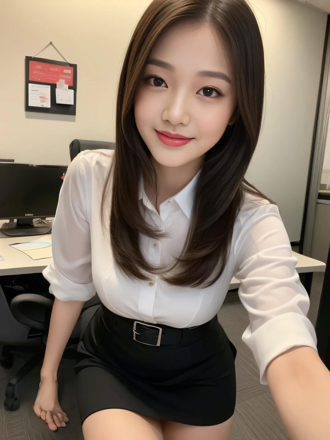 ((Highest quality, 8K, masterpiece: 1.3)), beautiful girl, Pure, Melon face, Kind and cute, sweet smile, Pure desire, Slender body, (front), (Tilt your head), ((looking at the camera) ), Wearing a yellow office suit and a short skirt, Black silky medium length hair, Long, flowing shoulders, Big, round, black eyes, Clear, big eyes, Moist red lips, sweet, Sitting in the office, Office Background, Bodies facing random directions, (whole body),