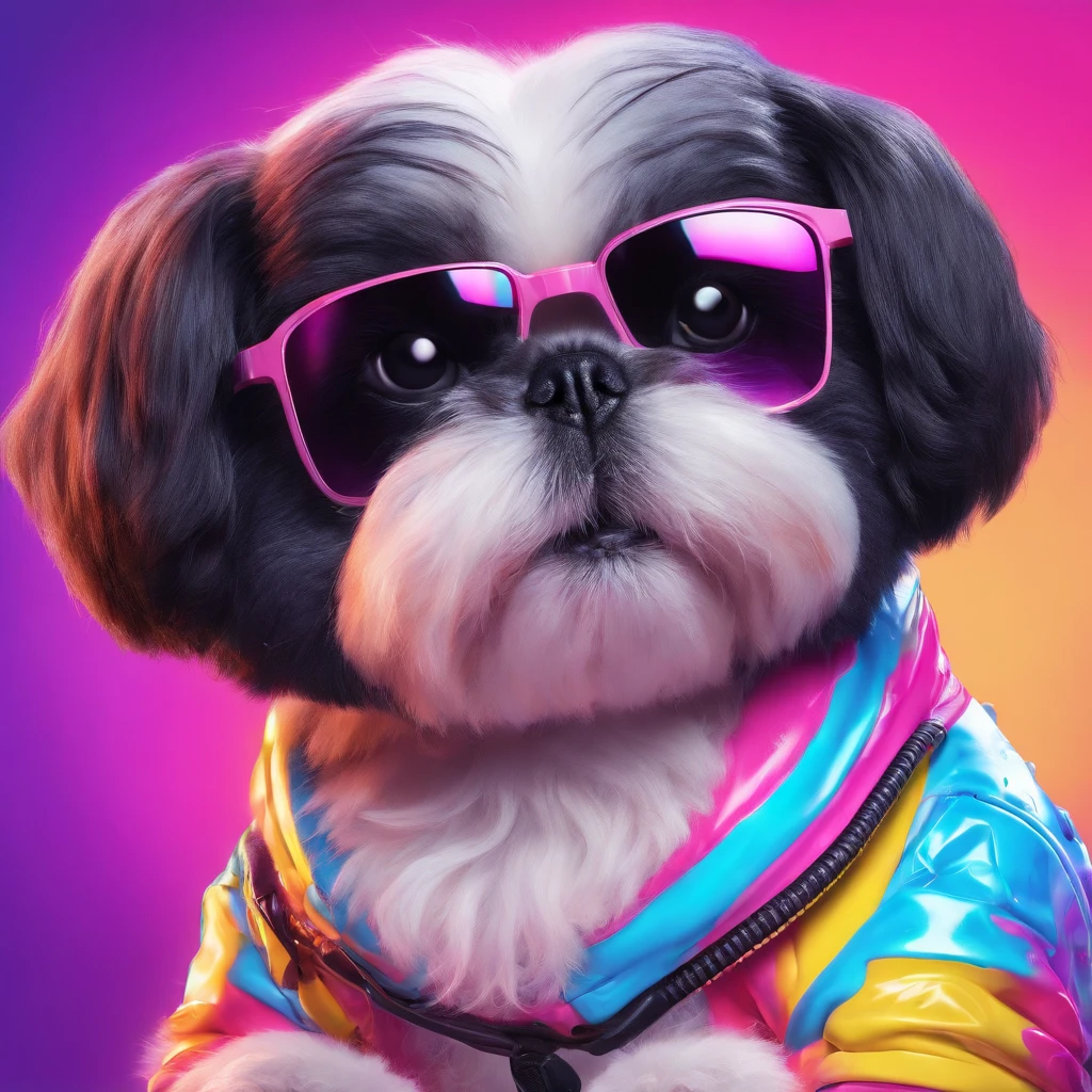 Adorable small black Shih Tzu puppy playing guitar wearing sun glasses Pixar style cartoon 3D