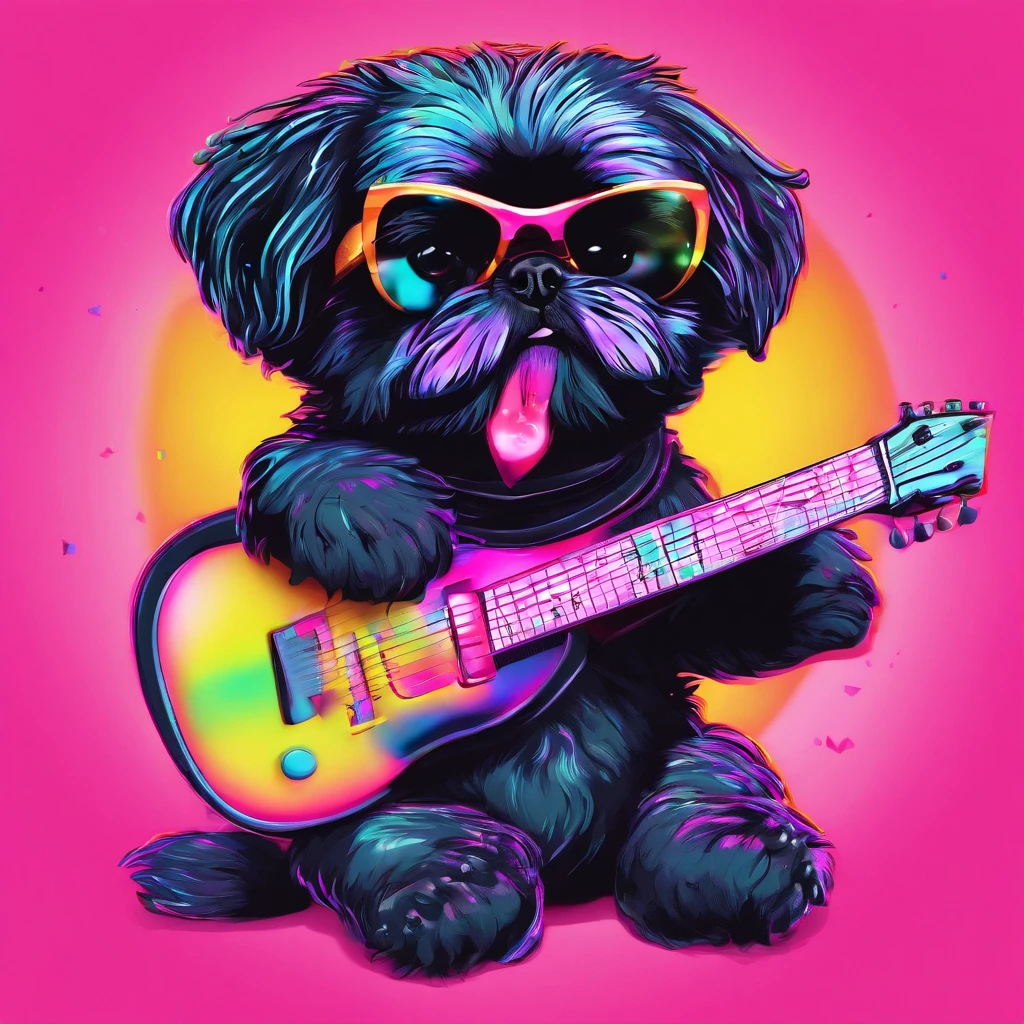 Adorable small black Shih Tzu puppy playing guitar wearing sun glasses Pixar style cartoon 3D