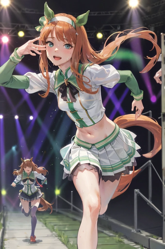 Sexy dance show,(running:1.5),One Girl,alone,Silence Suzuka \(umamusume\),Excellent anatomy, masterpiece, Highest quality,Realistic, hyperRealistic, 16k hdr,smile,(Live Stage),(See-through costume:1.2),Stage Costumes,Horse tail,Sing a song,Ultra mini skirt,belly button,Micro Panties,(Very small breasts,Transparent nipples,Clear Page,Erect nipples:1.2),Sweat,From below,Spread your legs