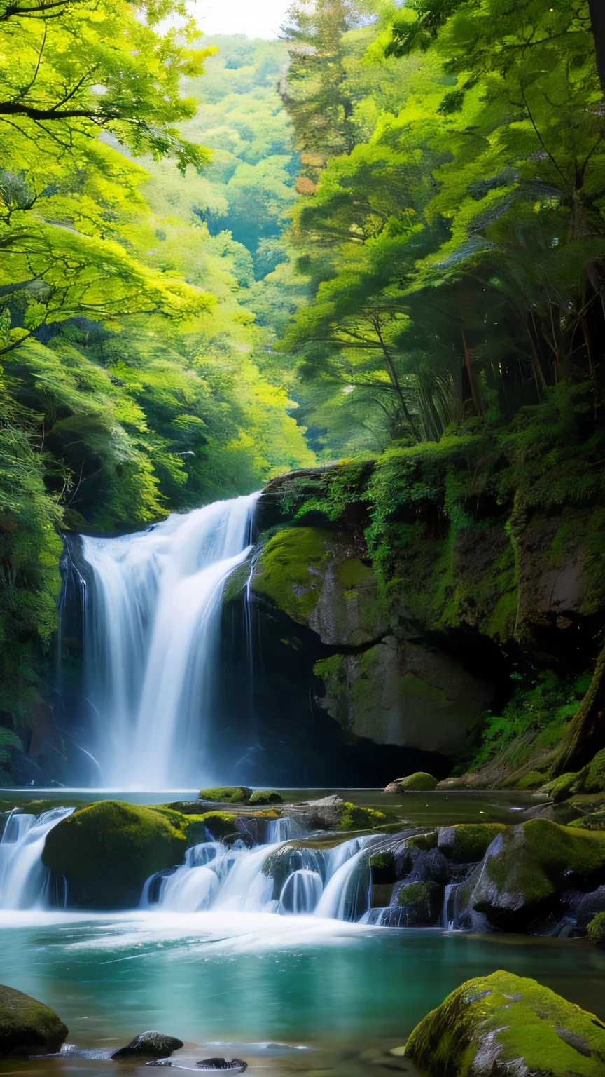 landscape、Hidden Forest、Big waterfall、Oblique light