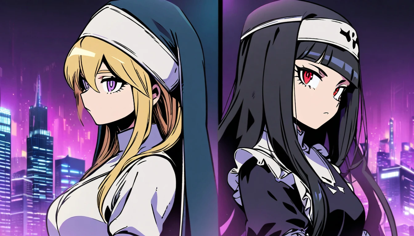 Two girls. The first is a nun with blonde long hair and scary red eyes. The second is next to her and is a maid with purple eyes and long, straight black hair. The background is a city with purple lights. Boku no Hero Academia Art Style.