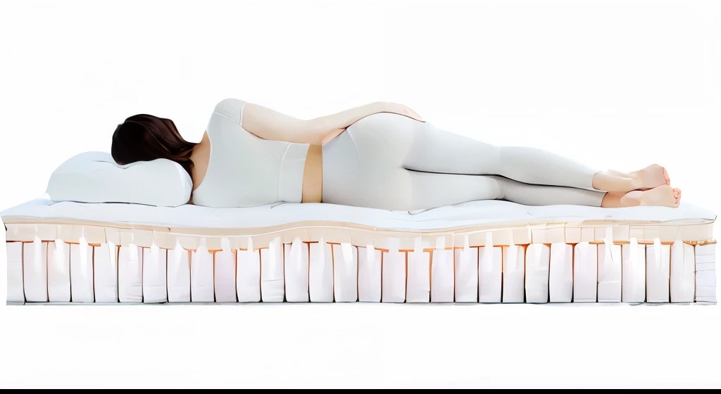 woman lying on mattress,There is a pillow on top, back, dreamy Soft, Smooth, comfortable, exquisite and Smooth detail, picture, crisp Smooth lines, Smooth vibrancy, Women are curvy, She lay on her back, more details, Soft. high quality, real picture, arching back, Soft body, Unrivaled quality, Extremely fine details