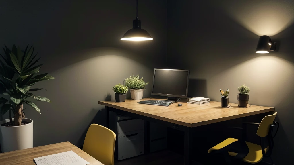 **home office, office, tabletop, chair, computer, plants, yellow lampshade, black minimalist style, nightfall, ultra realisitic, slightly dark environment**