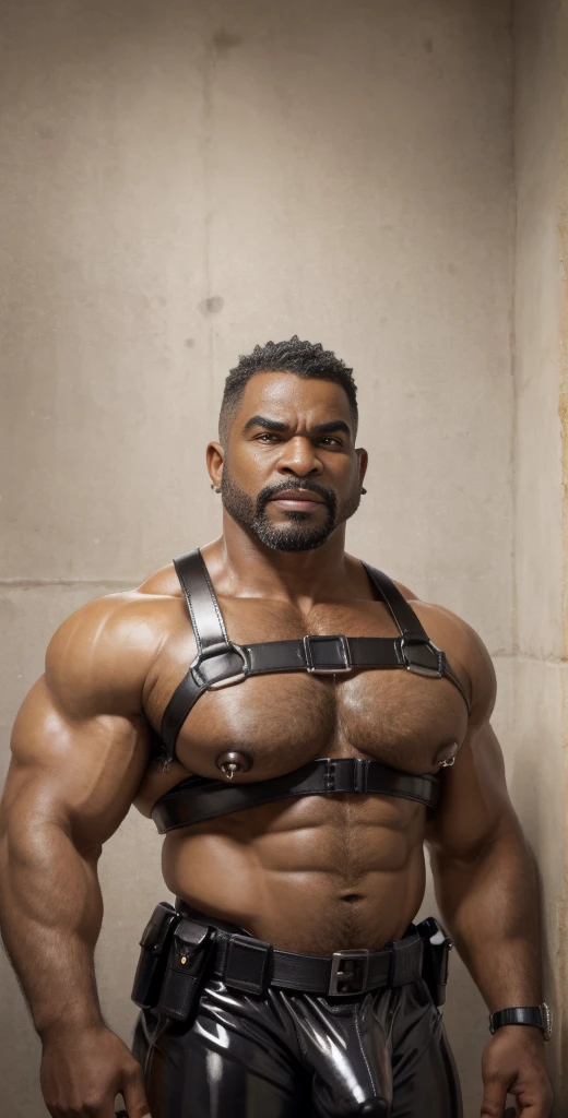 African American dom chav, 55 years old, short hair, stud, hairy, hairyalpha, BeardAlpha, wearing a policeman uniform, wearing a latex, tight uniform, open shirt, wearing a pectoral harness, gun holsters , oversized pectorals, heavy pectorals, big bulge, intimidating, smirking, nipple rings, angry, threatening, prison background