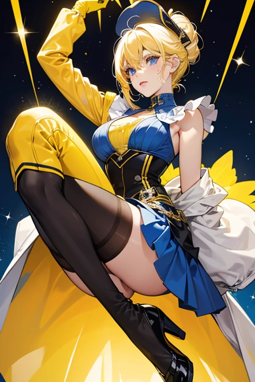 M.C Pose has a light skin-tone and yellow hair. Her eyes are a beautiful captain blue color that catches everyone’s attention. M.C. seems to have a broken yellow heart on her right cheek as well.

Her outfit is a half black and white bodice with a skirt around it, the bodysuit has different patterns on it with mostly vivid yellow colors. Her shoes are black and white as well with vivid yellow details, to top it off M.C has vivid yellow gloves. SPARKLE; GLITTER