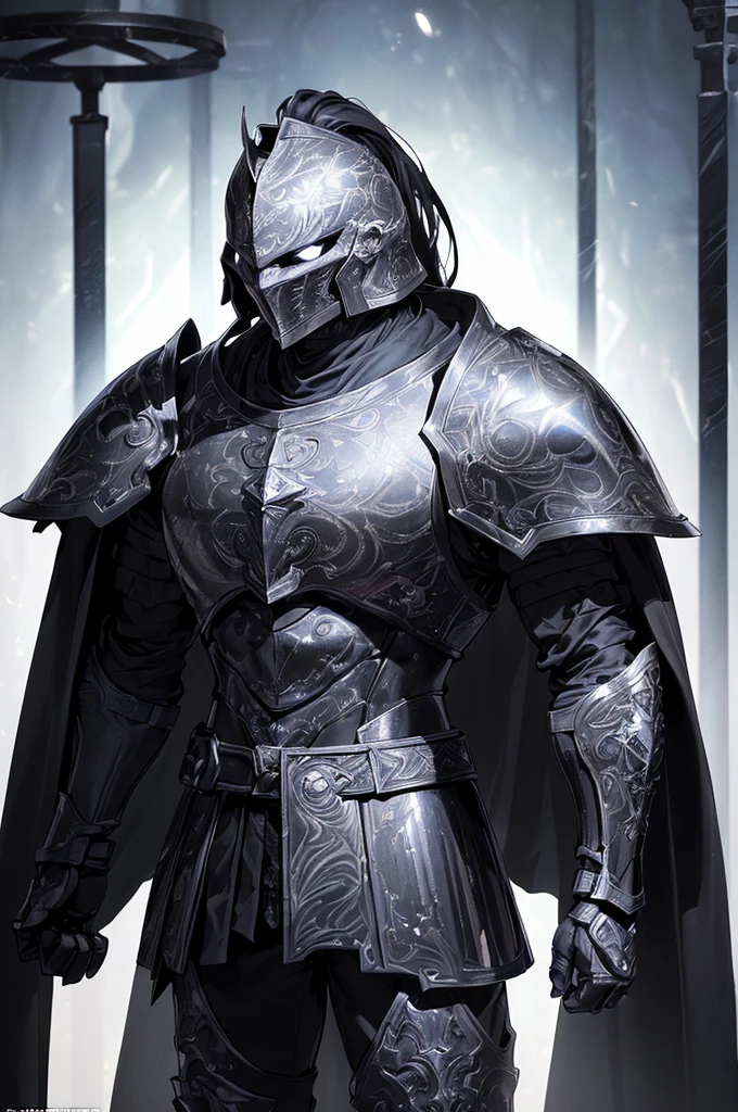 (masterpiece; best quality: 1.2), ((full armored knight man)), ((solo)), (black eyes: 1.4), (body; toned, lean, masculine: 1.3), (beautiful and clear background: 1.2), ((depth of field)), (equipment: full plate all-dark black-damascus realistic armor + closed helmet with ponytail + black cape: 1.3), (anime illustration: 1.2), (background composition; garden exterior + furniture: 1.1), (extremely fine and handsome: 1.1), (shot composition; standing + centered on torso + close-up: 1.5)
