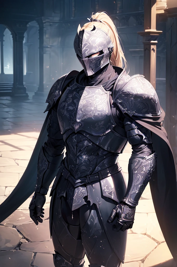 (masterpiece; best quality: 1.2), ((full armored knight man)), ((solo)), (black eyes: 1.4), (body; toned, lean, masculine: 1.3), (beautiful and clear background: 1.2), ((depth of field)), (equipment: full plate all-dark black-damascus realistic armor + closed helmet with ponytail + black cape: 1.3), (anime illustration: 1.2), (background composition; garden exterior + furniture: 1.1), (extremely fine and handsome: 1.1), (shot composition; standing + centered on torso + close-up: 1.5)