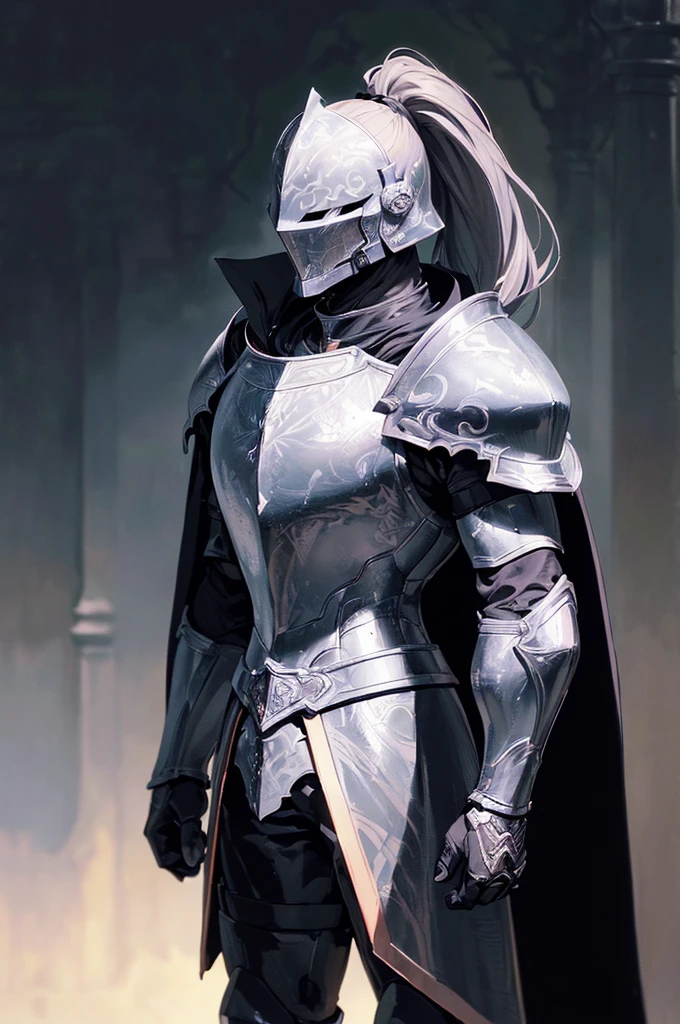 (masterpiece; best quality: 1.2), ((full armored knight man)), ((solo)), (black eyes: 1.4), (body; toned, lean, masculine: 1.3), (beautiful and clear background: 1.2), ((depth of field)), (equipment: full plate all-dark black-damascus realistic armor + closed helmet with ponytail + black cape: 1.3), (anime illustration: 1.2), (background composition; garden exterior + furniture: 1.1), (extremely fine and handsome: 1.1), (shot composition; standing + centered on torso + close-up: 1.5)
