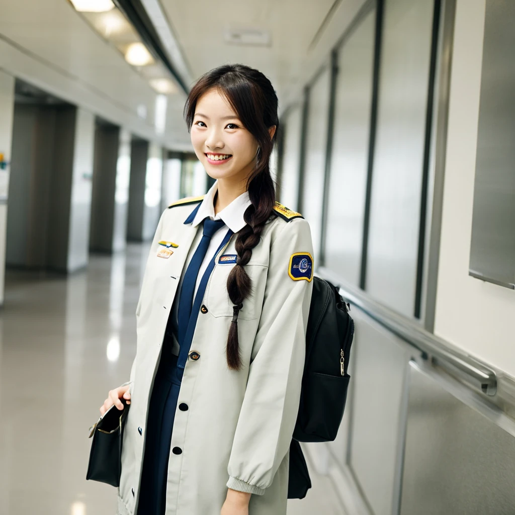 Asian woman with pale skin, smiling, pilot uniform, Standing in hallway, braided black hair, skinny.