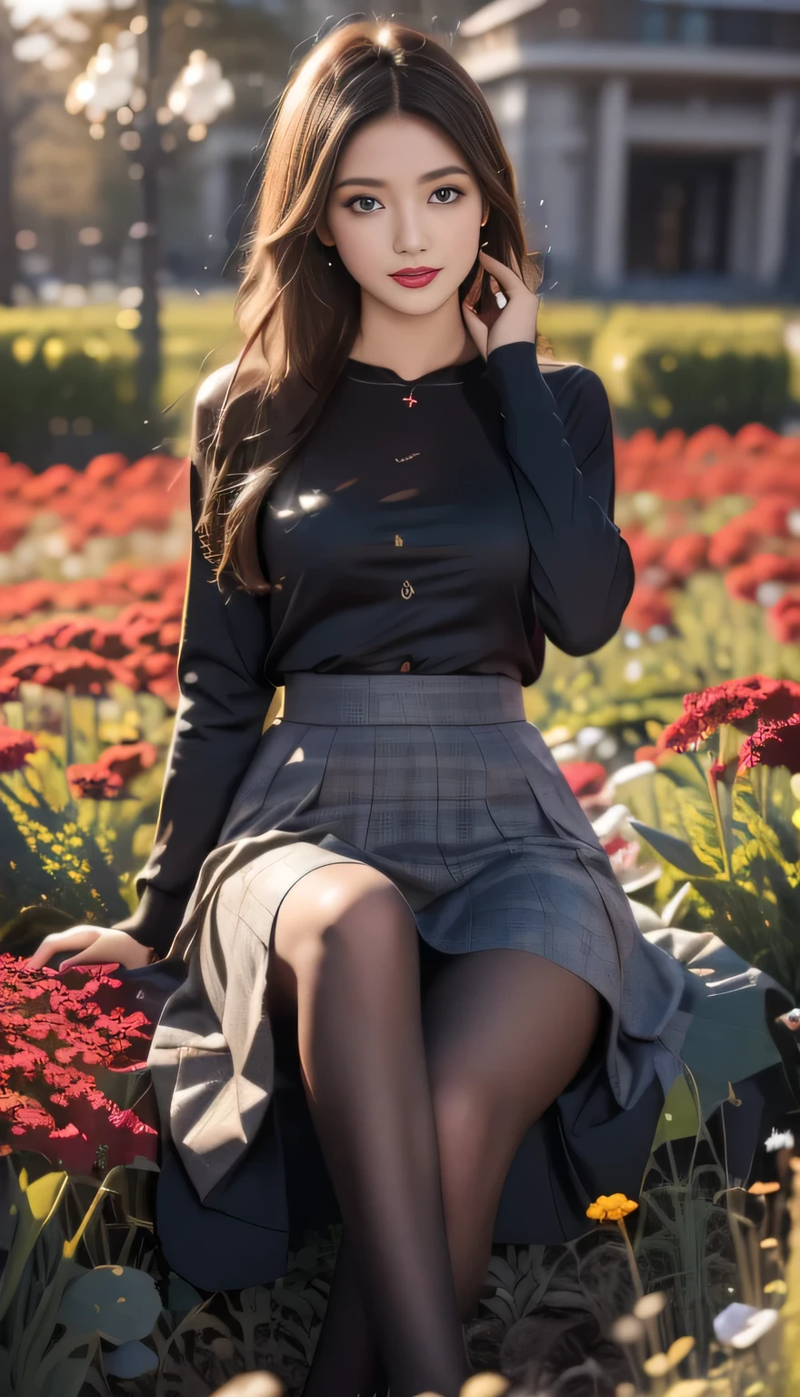 (masterpiece), (best quality), (Very detailed),Black pantyhose, skirt, ear,permanent, Flower Field,