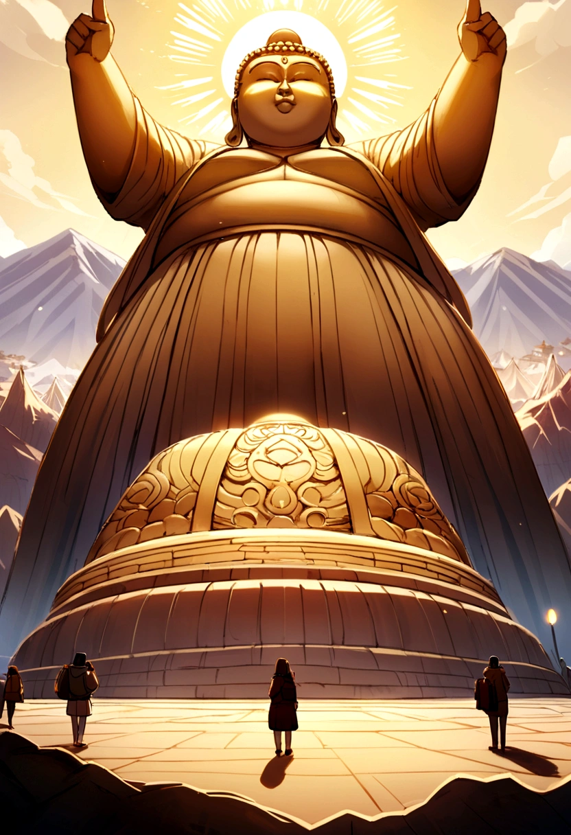 A huge Buddha statue seen in the distance、There are mountains around々、wood々、Brightly lit、people々Around the area