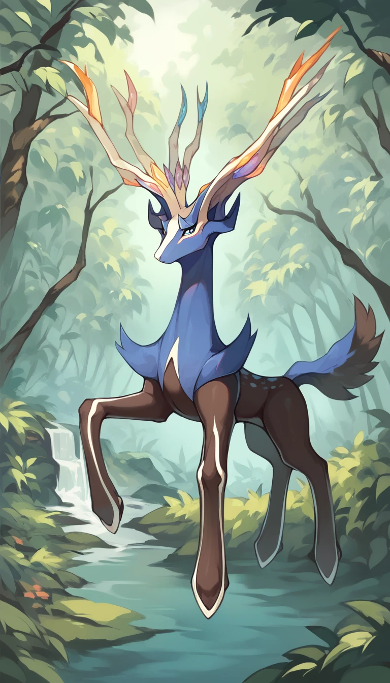 score_9, score_8_up, score_7_up, solo, Xerneas, (close-up), forest, nature, deer, stunning scenery, full body, looking at the viewer