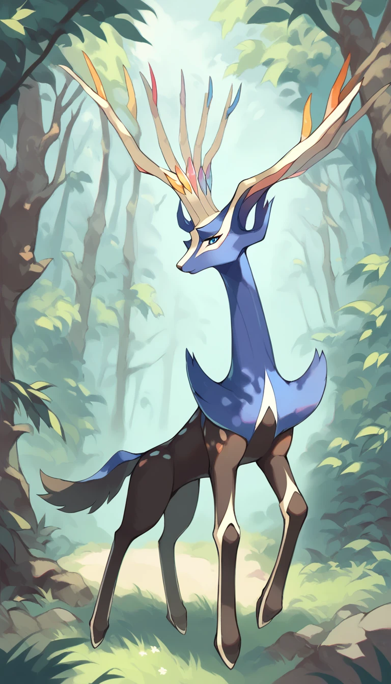 score_9, score_8_up, score_7_up, solo, Xerneas, (close-up), forest, nature, deer, stunning scenery, full body, looking at the viewer