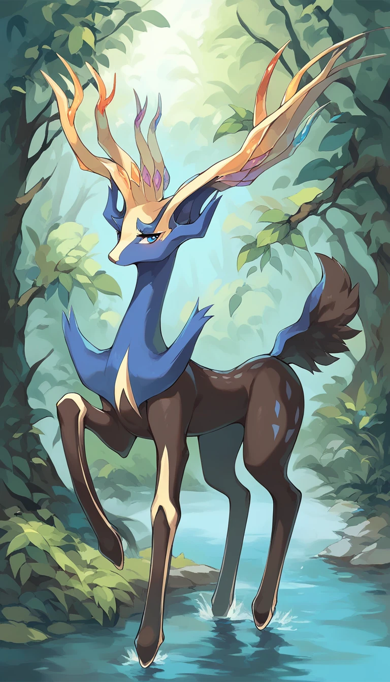 score_9, score_8_up, score_7_up, solo, Xerneas, (close-up), forest, nature, deer, stunning scenery, full body, looking at the viewer