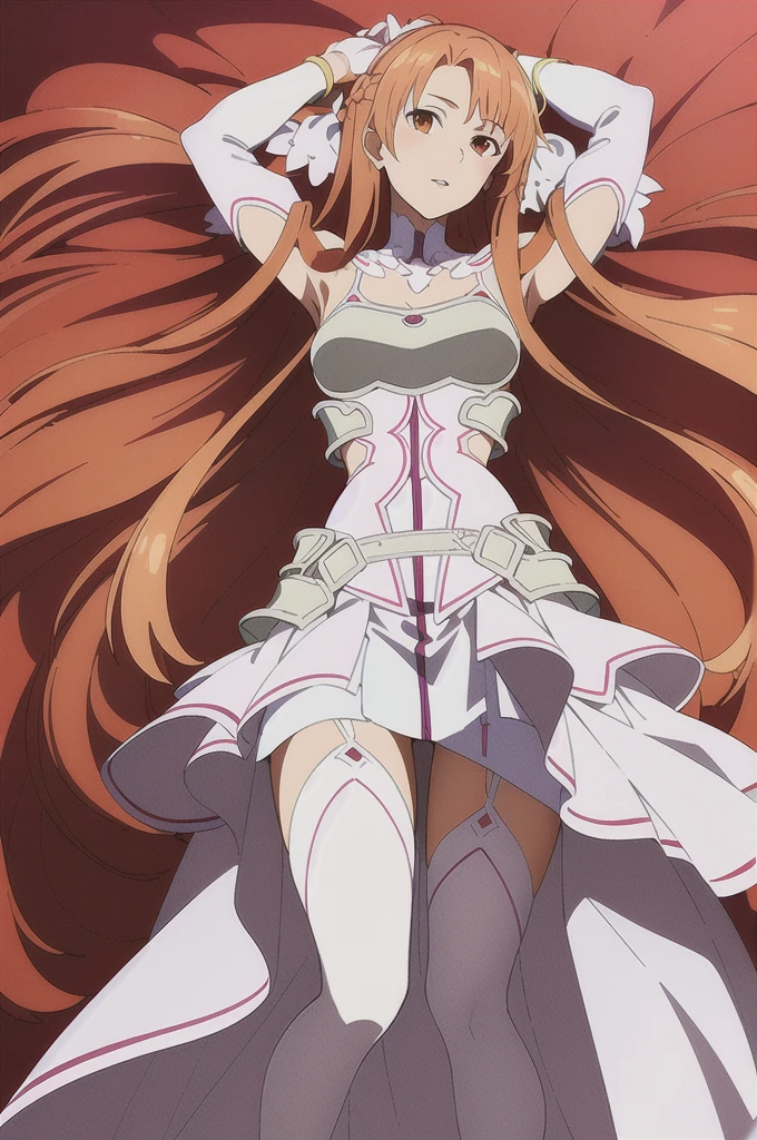 ((masterpiece)), Highest quality, Super detailed,(One girl), Long Hair,Beautiful background ,((Dress with white stockings with garters)), chest, Curved body, Lie in,