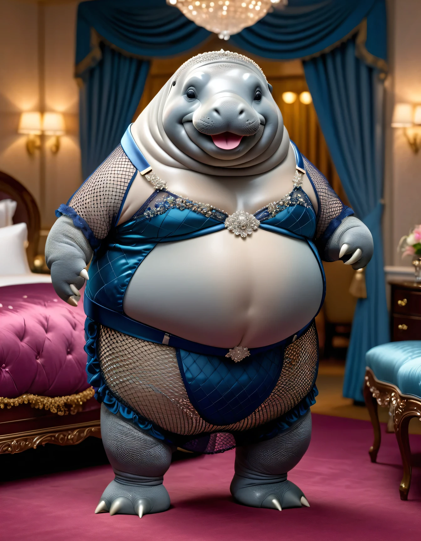 photorealistic portrait of Dressed animals-a ((fat)) cute ((manatee)) dancer,(), (elegant pose:1.5), (hands on hips:1.5),(smile:1.5),high quality,(happy),(lovely) ,intricate details, Wearing bustier, (), highly detailed ((bustier)) ,highly detailed decorations of clothes, Fishnet panty horse , (happy), soft lighting,(full body image:2.0),luxury hotel room background,(high heels),