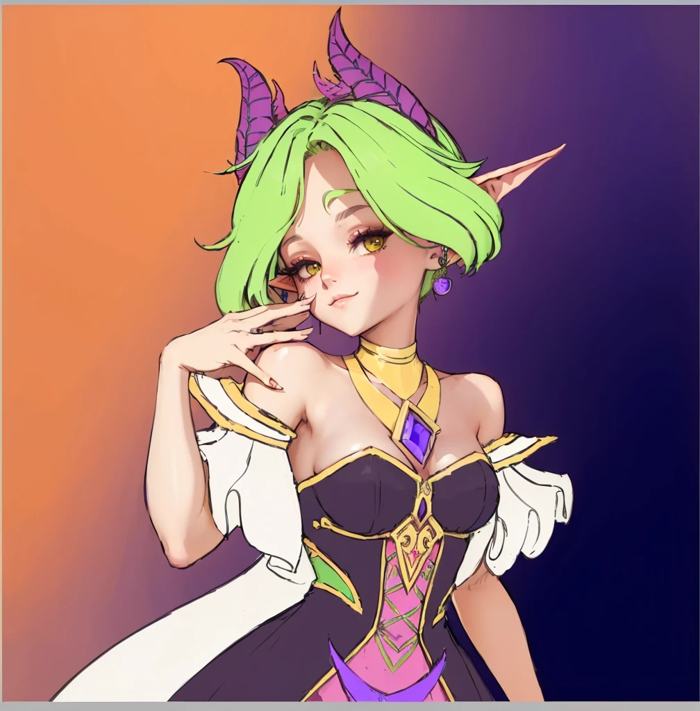 un primer plano de un personaje de dibujos aniMADos con cabello verde y cuernos morados, high resolution commission, inspired by kris by deltarrune, alluring tiefling druid, colored linear, Goddess of mischief, in Hearthstone art style, an elf queen, handsome tiefling druid, (((MAD))) elf princess, elf queen, elf girl, succubus in summer dress portrait