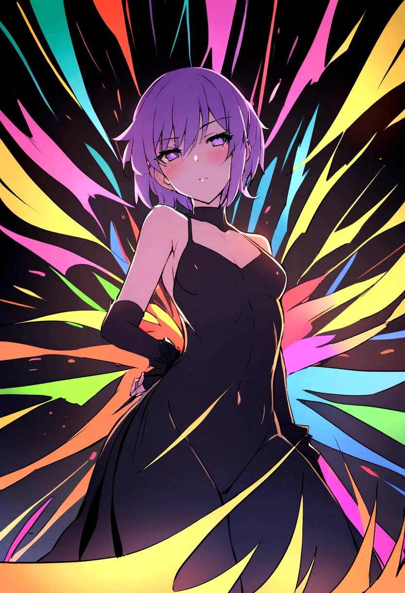 close up, neutral pose, energy aura, facing forward, glitchy effects, supernatural being, adult woman, naked, short hair, glowing, girl made of yellow fire, vibrant colour palette, night, yellow body, star sshaped pupils, purple eyes, pink hair, smiling, body made of pure flame, pure energy body