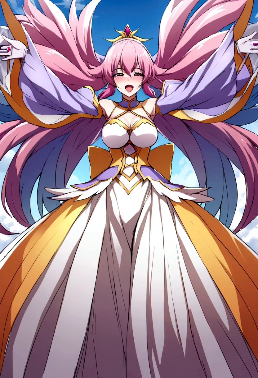 ((masterpiece)), Highest quality, Very detailed,(One Girl),Finafam Earth Light、Finafam Earth Light, Green Eyes, Long Hair, Purple Hair, dress, gloves, jewelry, Cleavage, PRİNCESS,elbow gloves,tiara,brooch,white gloves,Beautiful background, chest, Bent body,Lie in, The dress is falling apart, Look to the side, Worried face, The female genitals are in full view, Drunk look, Hot body、Sweaty、 Browsing Caution, (((Trembling Body))), (((Squirting climax))), (((aroused))), (((in heat))), (((Drooling))), NSFW, (((Falling into Pleasure))), (((corruption))), Fina succumbs to pleasure and transforms into a demon, Fina morphing into succubusform, demon girl, see through, very huge breasts, pink hair, purple eyes, symbol-shaped pupils, short pelvic curtain