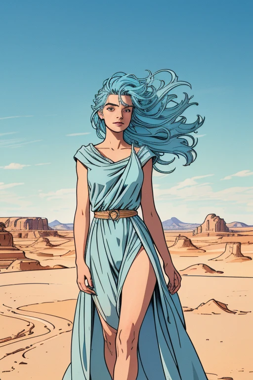 Beautifully designed, high qualiy, ultra-detailed CG illustration of a young man with a serene expression, looking into the distance with her stunning light blue hair blowing gently in the desert breeze. The scenery behind him is vast and breathtaking, drawing viewers into a world of wonder and exploration.