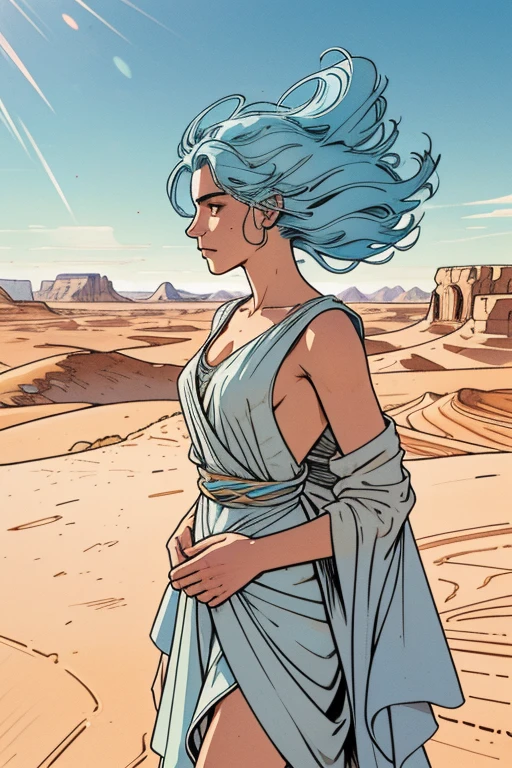 Beautifully designed, high qualiy, ultra-detailed CG illustration of a young man with a serene expression, looking into the distance with her stunning light blue hair blowing gently in the desert breeze. The scenery behind him is vast and breathtaking, drawing viewers into a world of wonder and exploration.