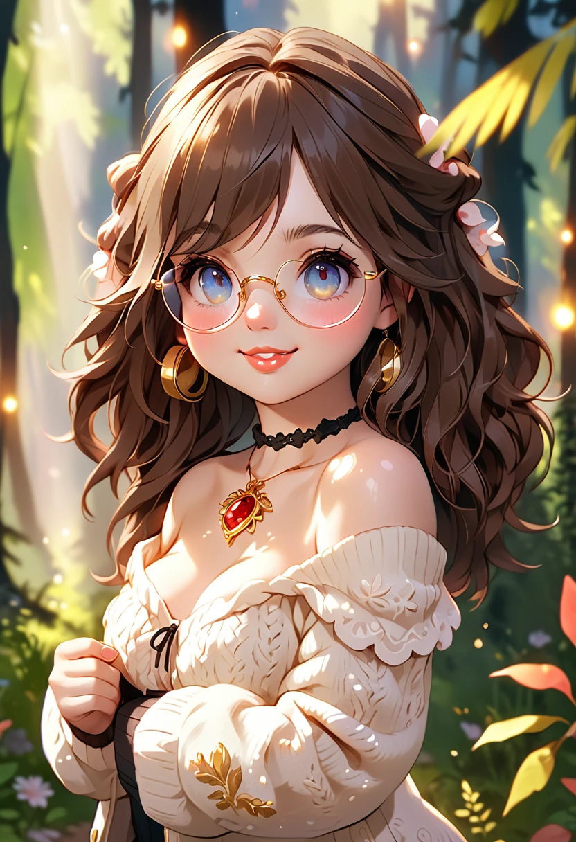masterpiece, best quality, highly detailed, 1girl, solo, twintails, off-shoulder sweater, choker, large glasses, gold locket, jacket, hairband, looking at viewer, smile, blush, Wide Smile, Eyes Detailed & Wide, sexy Pose. Ultra HD, Rococo-Inspired Fantasy Art With Intricate Details. Cute, Charming Expression, Alluring-Gaze, looking at viewer Beautiful Eyes, An-Ideal-Figure. Large Youthful Well-Shaped-Breasts, Massive-Round-Bosom, Décolletage. slim waist, fit body, full lipsWarm lights , woman in a dreamy forest at night, with fluffy hair, delicate face, realistic, real, slim, large aperture, sexy shots, attractive poses,Stunnin gly beautiful merge of Scarlett Johanson. Alison Brie, Selena Gomez. symmetrical face, photorealistic, photography, path tracing, specular lighting, volumetric face light, path traced hairmaximum quality{(masutepiece) (8K High Resolution) (top-quality) In the style of breath of the wild.
