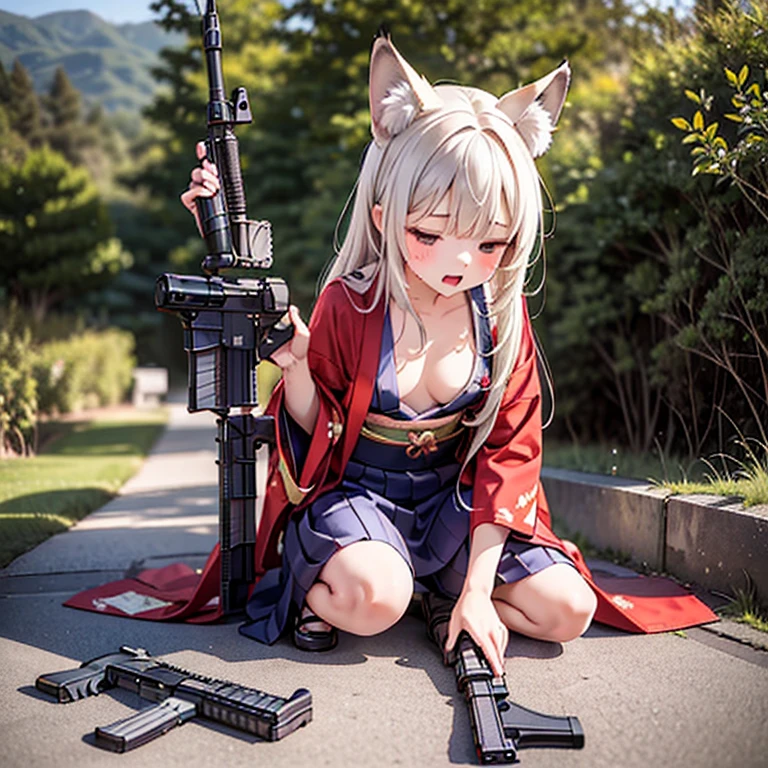 (Fox Girl, Fox Ears, Silver Hair, Fox Makeup, One Girl, Long Hair:1.6), (kimono, Kimono with open chest, A beautiful kimono with red and black patterns, I can see her cleavage, Open chest, Exposed skin:1.8), (Body measurements are 75-60-75!, Young girl body, Small breasts, Small breasts, Emphasize the chest, Ready your weapon, face down, Assault Rifle:1.9), Avatar, face, lewd face, Dominant representation, naughty face, Uplifting, Skin Texture, outside, Grassy field