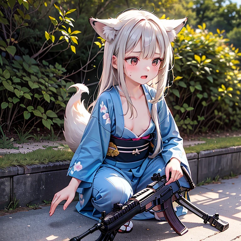 (Fox Girl, Fox Ears, Silver Hair, Fox Makeup, One Girl, Long Hair:1.6), (kimono, Kimono with open chest, A beautiful kimono with red and black patterns, I can see her cleavage, Open chest, Exposed skin:1.8), (Body measurements are 75-60-75!, Young girl body, Small breasts, Small breasts, Emphasize the chest, Ready your weapon, face down, Assault Rifle:1.9), Avatar, face, lewd face, Dominant representation, naughty face, Uplifting, Skin Texture, outside, Grassy field