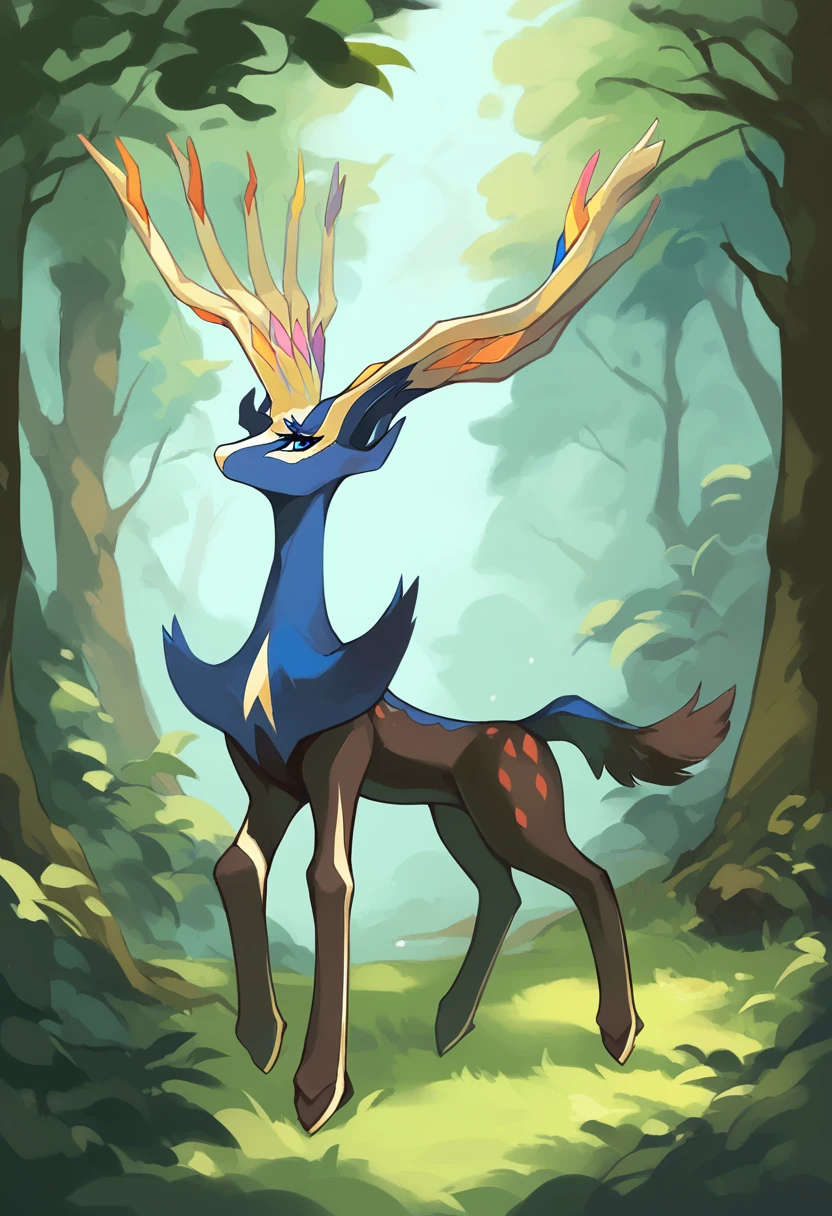 score_9, score_8_up, score_7_up, solo, Xerneas, (close-up), forest, nature, deer, stunning scenery, full body, looking at the viewer