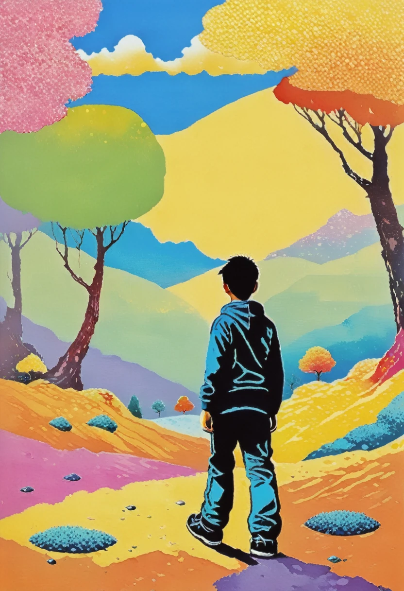 Neo-pop art risograph print, the main is walking through a colorful landscape, in the style of hicari shimoda, alex colvill, young british artists (ybas), sandy skoglund, realist detail, pensive stillness, children's book illustrations – no mockup – style raw