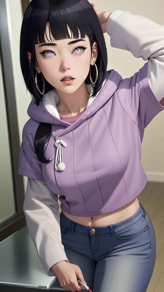 { - anatomy error} (Masterpiece - Ultra-detailed, very high resolution) , absurdities, Hinata\(Boruto\), 1girl, alone,Mature female, Purple hood, layered white sleeves, jeans, perfect composition, full lips, big chest, beautiful face, body proportion, blushing, (pink lips), black hair short (black hair), lilac eyes, soft look, super realistic, circumstantial, realistic face and body, realistic hair, realistic eyes, realistic nose, realistic lips, with big hoop earrings, anime. reading, writing, walking, backwards, lying down, standing, dynamic poses, mouth closed. Different posture.
